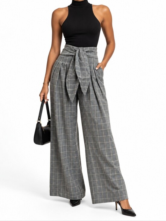 Choosy Pants - Gray Plaid Wide Leg Pants Tie Front High Rise Trousers Size: 0